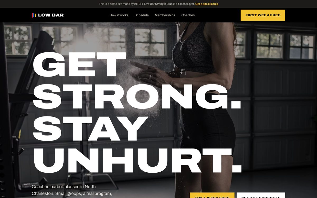 Low Bar Strength Club homepage on a laptop screen