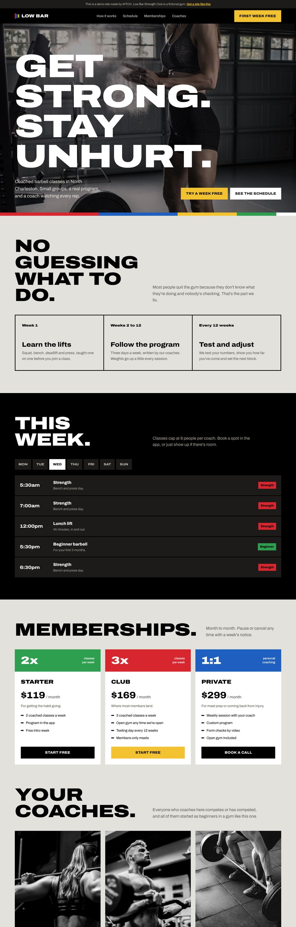 The Low Bar Strength Club concept site, scrolling from top to bottom
